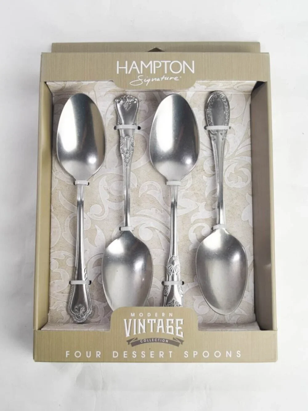 Hampton Signature Modern Vintage Flatware 4 Large Dessert Spoons Antique Silver